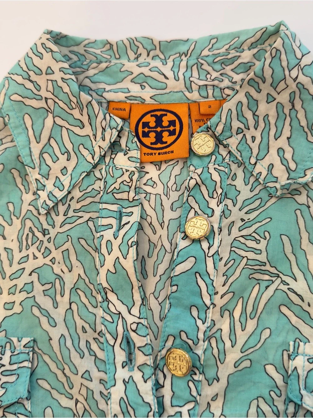 Tory Burch Aqua and White Coral-Print Button Down Utility Shirt Size 2